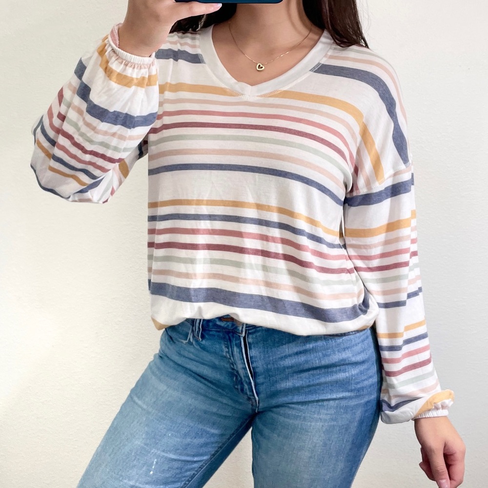 Rainbow and white striped slouchy v-neck long sleeve